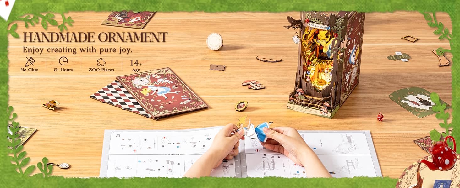 Tegooe 3D Wooden Book Nook Kit with LED Lights - Miniature Bookshelf Insert Gift