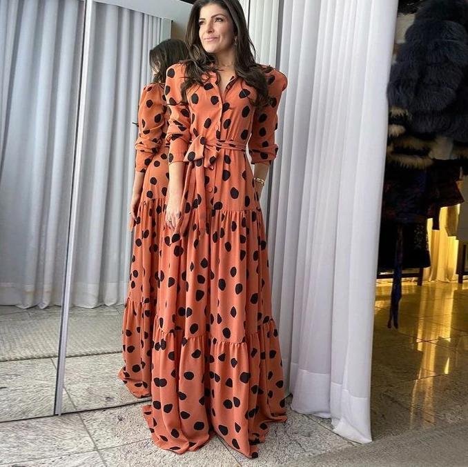 Elegant V-Neck 3/4 Sleeve Polka Dot Printed Slim Fit Maxi Dress | EGEMISS