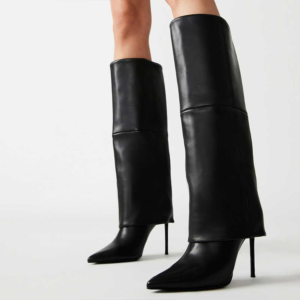 Vegan Leather Pointed Stiletto Heel Fold-Over Knee High Boots in Black Nicepairs