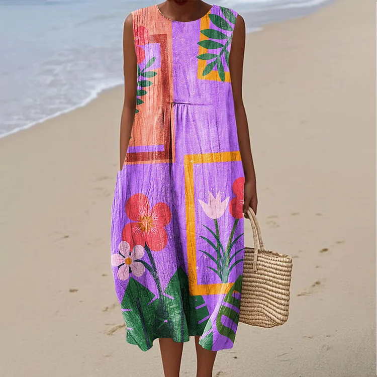 Women's Colorful Abstract Flower Art Print Sleeveless Cotton Pocket Wrap Dress