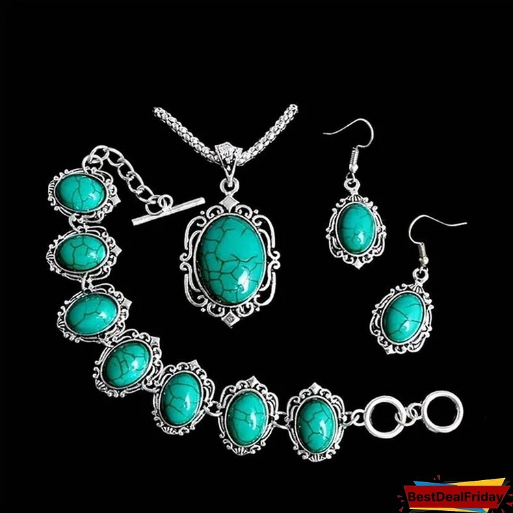 Vintage Tibetan Silver & Turquoise Necklace Bracelet Earrings Jewelry Sets for Women