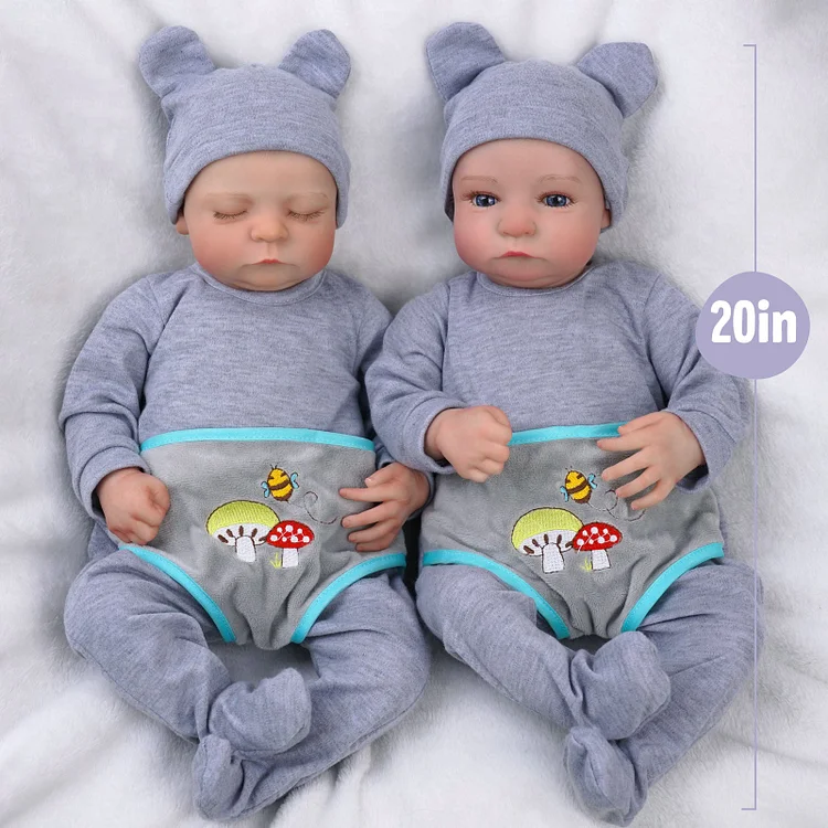 Babeside Noah & Aiden 20" Realistic Reborn Baby Boys Dolls Infant Twins Sleeping And Awake Lovely Mushroom Grey With Heartbeat Coos And Breath