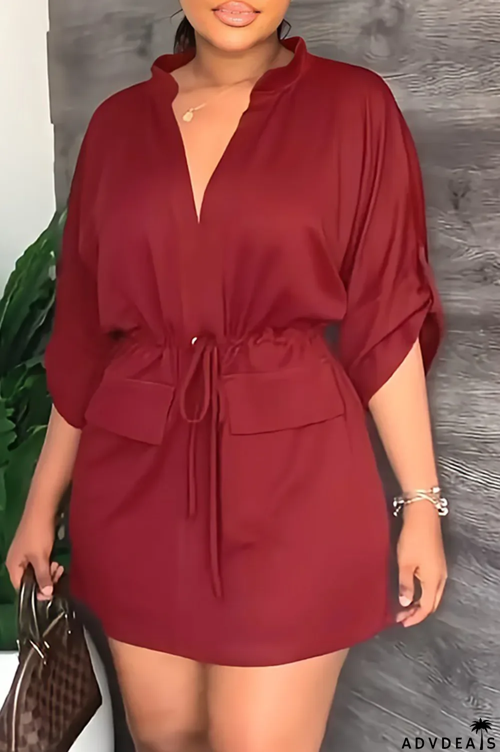 Red Street Solid Draw String V Neck Waist Skirt Dresses