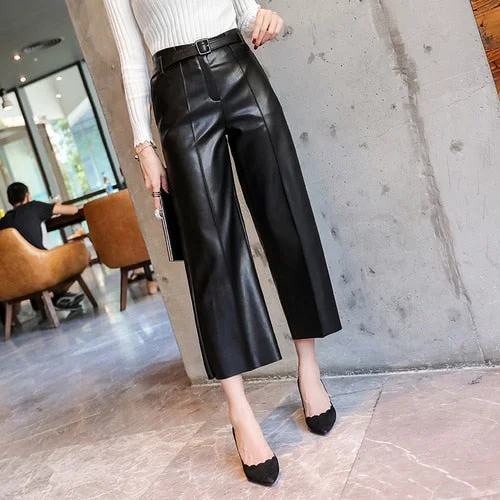 Graduation Gifts  2022 Autumn Brand New Women PU Leather Pants Belted High Waist Faux Leather Ladies Trousers Winter Pants Wide Leg Pants Pantalon