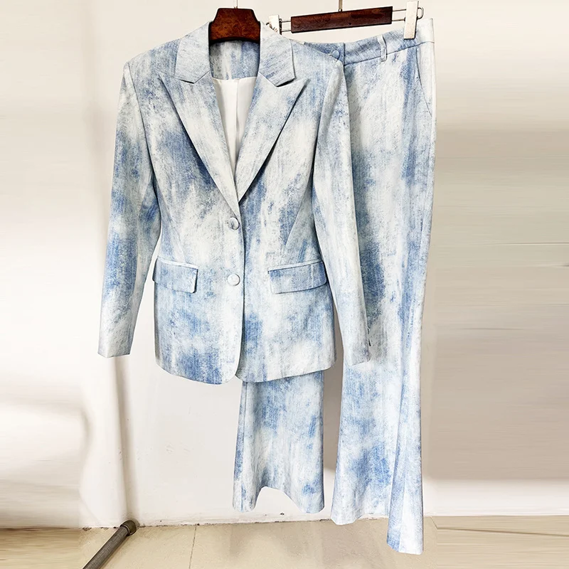 Nigikala Nigikala Early Spring New Tie-Dye Printing Repair Long Blazer Trousers Set Two-Piece Set