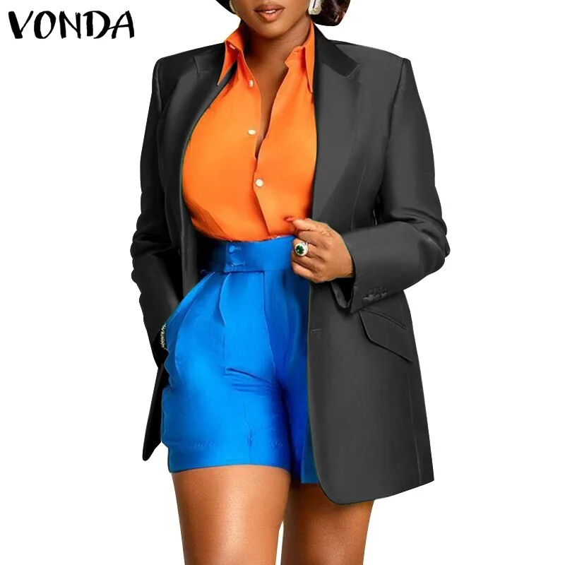 Elegant Women Blazer 2022 VONDA Lapel Button Up Long Sleeve Suit Blazer Casual Solid Color Coats With Pockets Thin Veste Femme