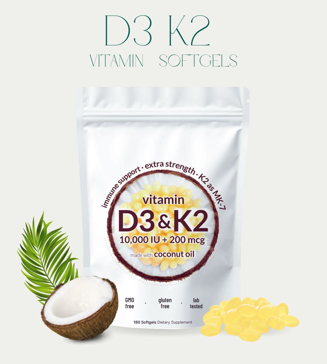Vitamin D3 & K2 Softgels: Boost Bone Strength & Cardio Support with Coconut Oil