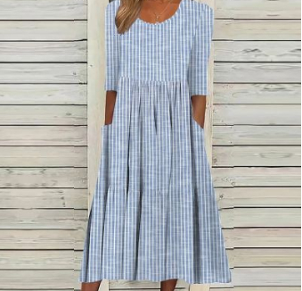 Mature Women Summer Loose Casual Digital Printed Round Neck Striped Dress