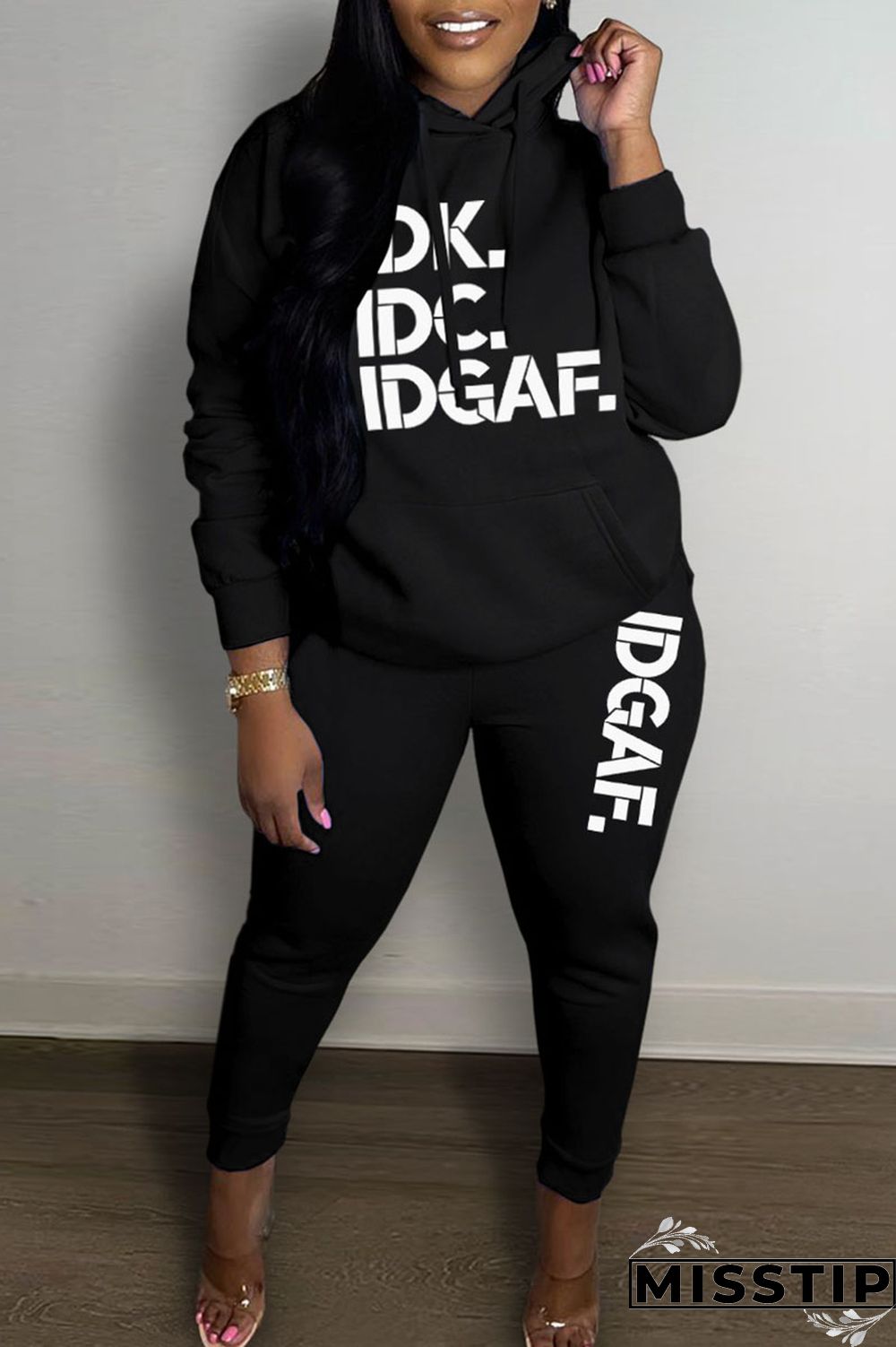 Black Casual Print Patchwork Hooded Collar Long Sleeve Two Pieces