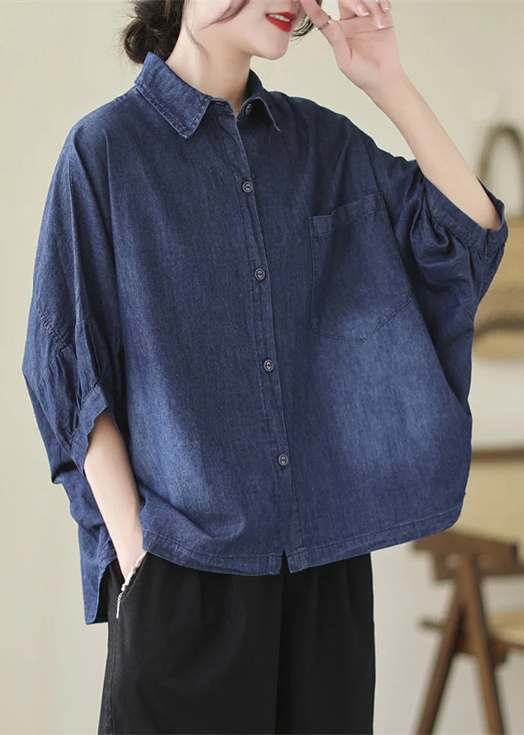 Casual Navy Oversized Washed Denim Blouses Batwing Sleeve