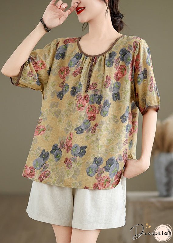 Yellow Print Loose Linen T Shirts O Neck Short Sleeve