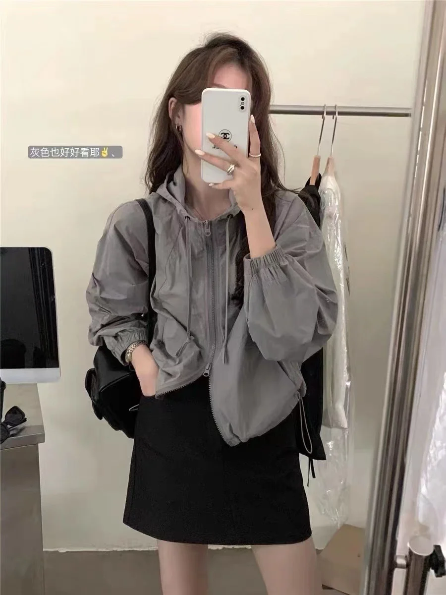 Woherb Hooded Sunscreen Coat Female Thin 2024 New Small Burst Casual Joker Short Blazer-Outfit Ideas