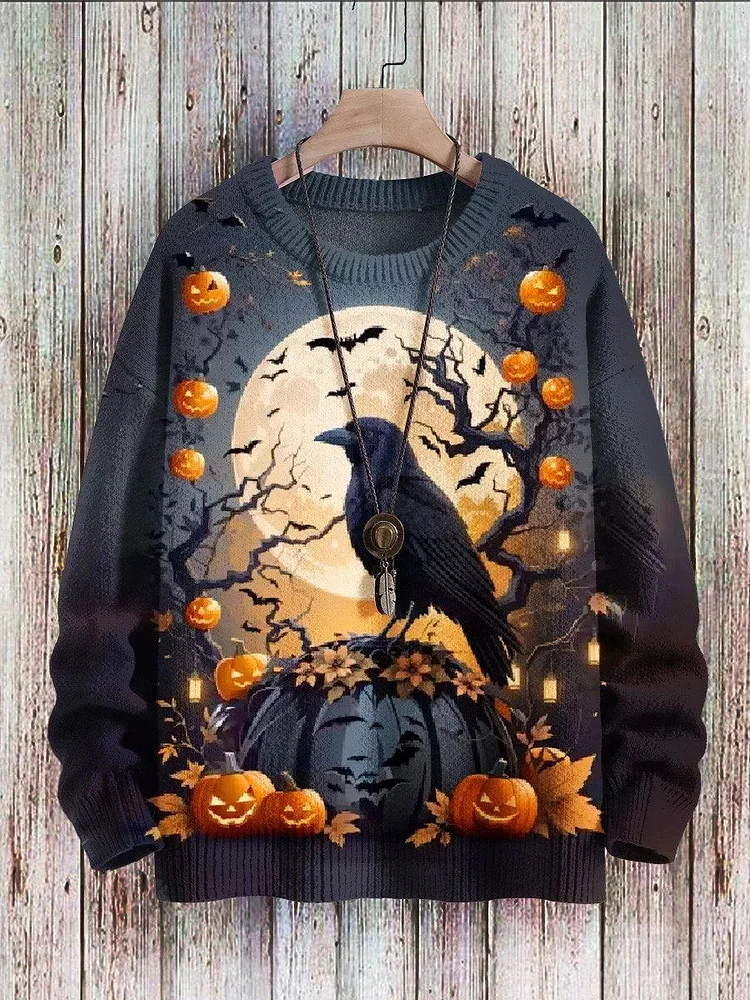 Men's Halloween Knitted Crow Pumpkin Moon Print Sweater