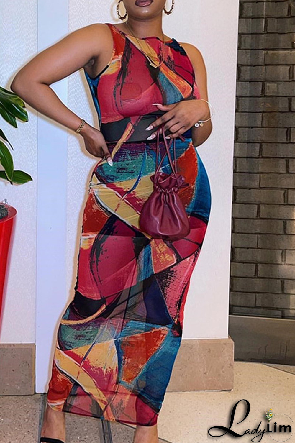 Rose Red Sexy Print Mesh O Neck Pencil Skirt Dresses