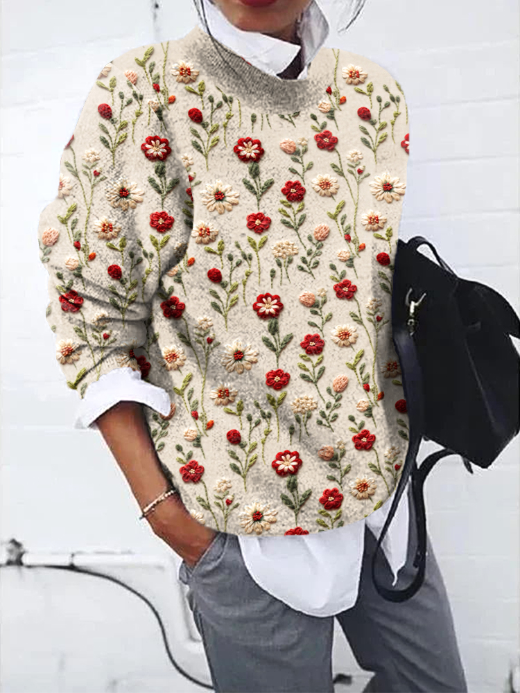 Wildflowers Embroidery Art Casual Cozy Knit Sweater wearshes