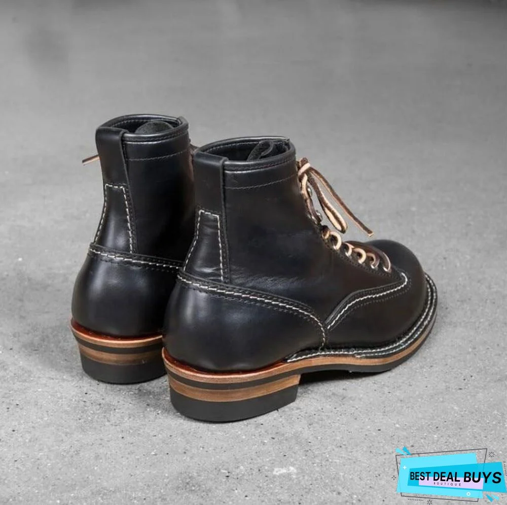 Vintage Cowhide Mens Ankle Boots Casual Lace Up Round Toe Genuine Leather Unisex Cargo Shoes Plus Size