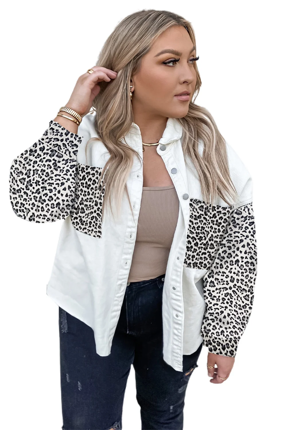 White Plus Size Leopard Splicing Button Denim Jacket