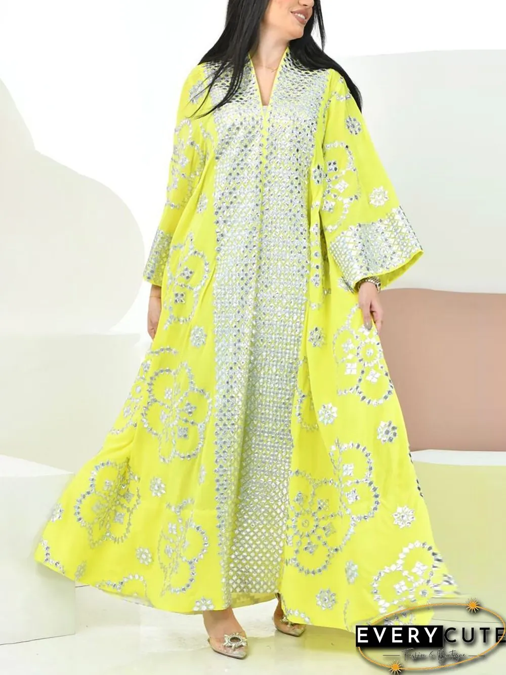 Ramadan Women Yellow V-Necked Kaftan