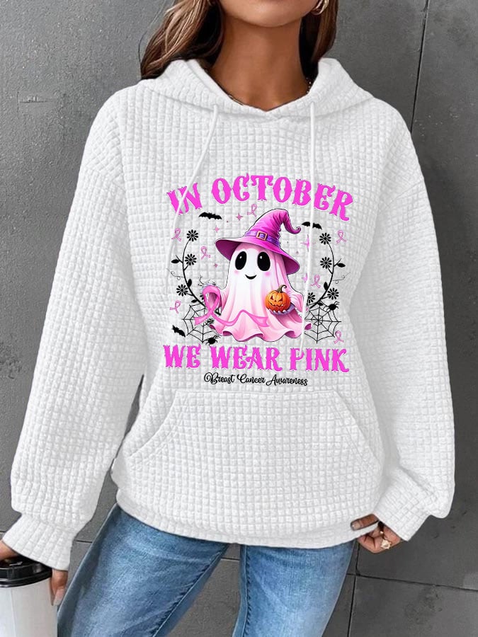 Women's In October We Wear Pink Halloween Ghost Breast Cancer Awareness Warrior Waffle Hoodie
