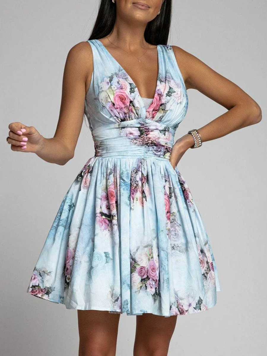 Sexy deep V high waist backless floral dress