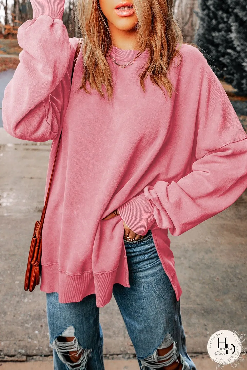Dropped Shoulder Round Neck Long Sleeve Blouse