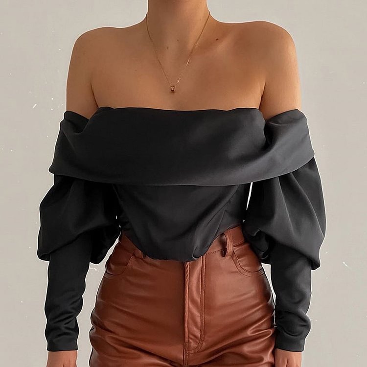 Sexy Fashion off-Shoulder V-neck Pleated Pile Style Sleeve Long Sleeve Crop Top