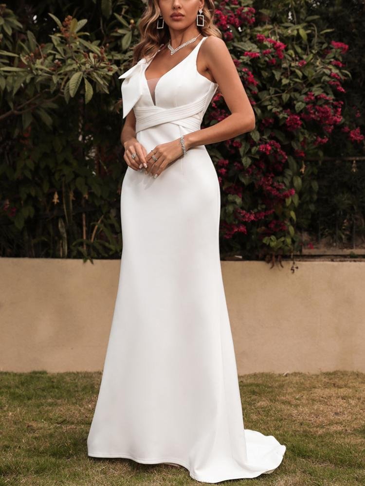 Promsstyle Promsstyle Deep v neck sleeveless bow knot tie up waist graceful white dress Prom Dress 2023