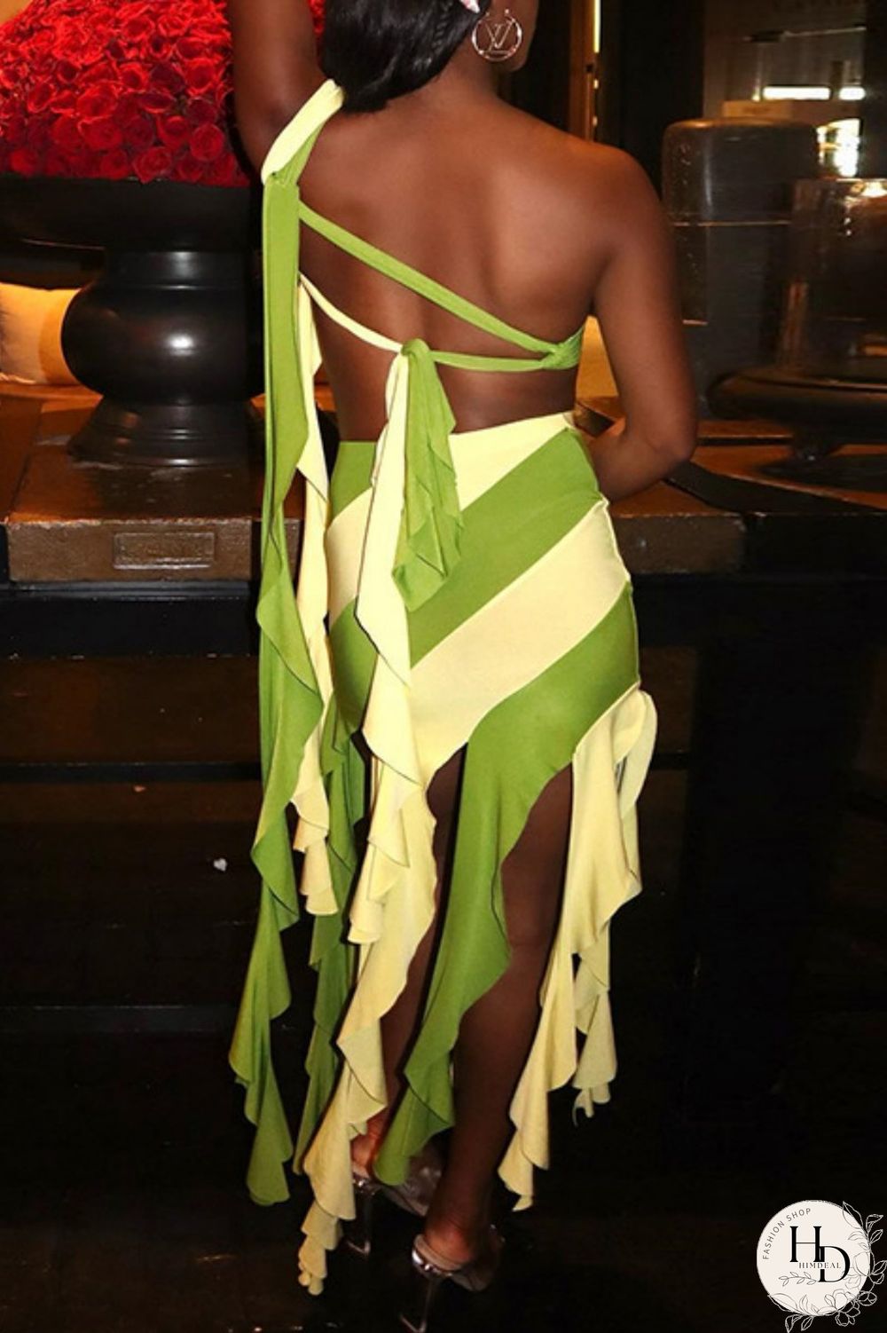 Rose Red Sexy Patchwork Tassel Bandage Backless Contrast Oblique Collar Sleeveless Two Pieces