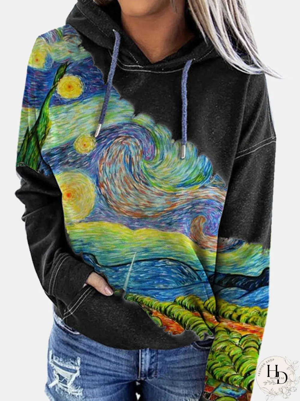 Landscape Printed Long Sleeve Patchwork Hoodie For Women