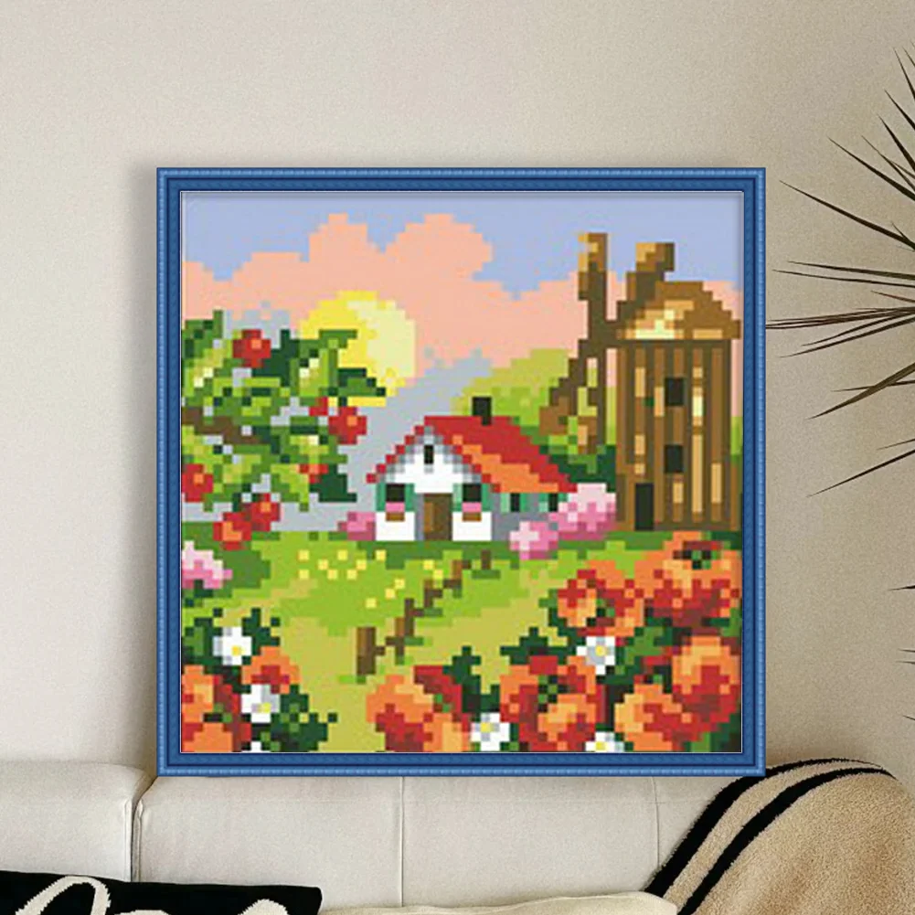9CT Full Stamped Cross Stitch Bead Embroidery - Landscape Spring(Canvas|17*17CM)