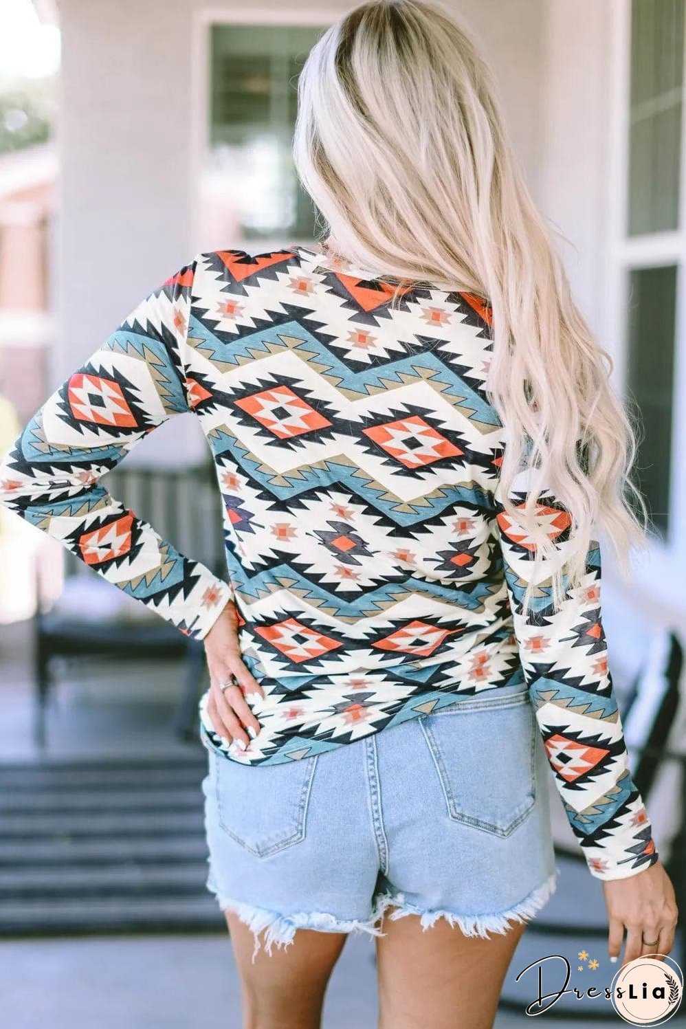 White Aztec Geometric Print Long Sleeve Henley Top