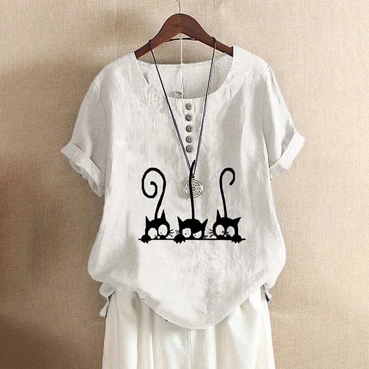 Crew Neck Cat Print Loose T-Shirt