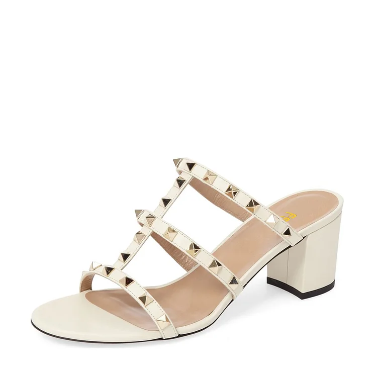 Ivory Studded T-Strap Block Heels Open Toe Sandals Vdcoo