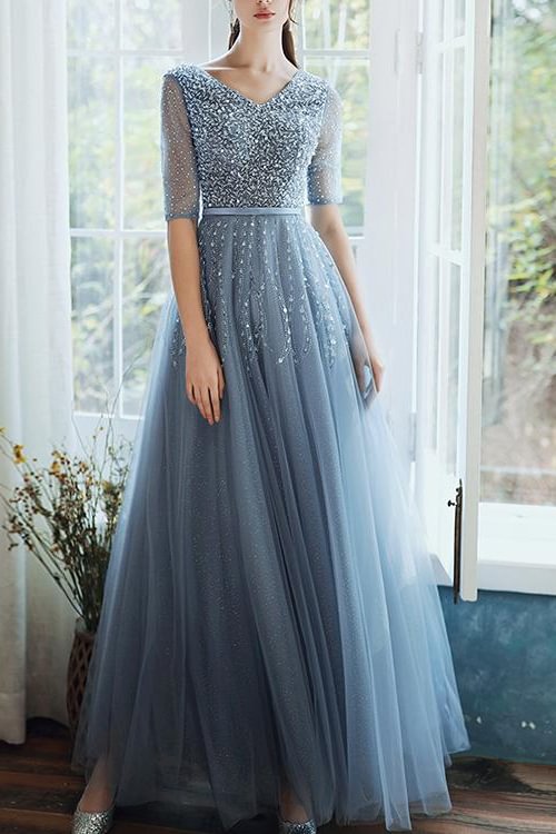 Daisda Dusty Blue Hale Sleeves Long Evening Dress Lace-Up With Sequins On Sale Daisda