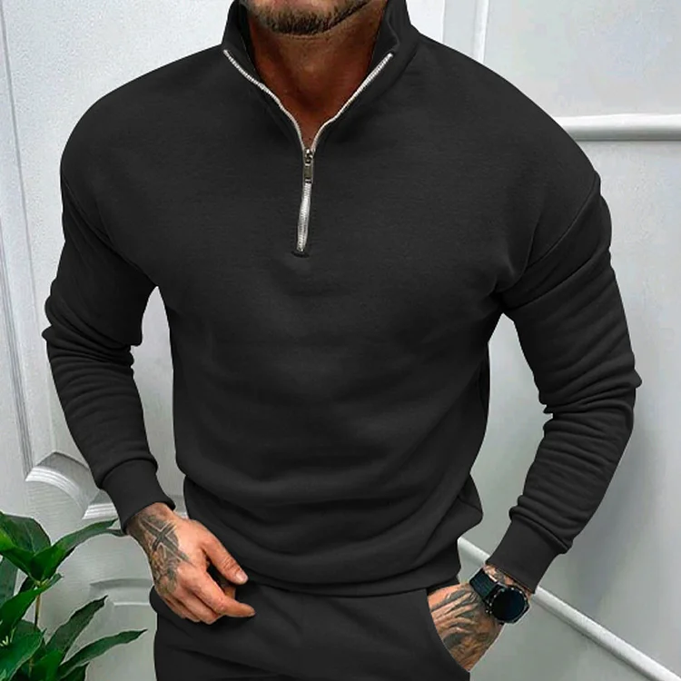 Comstylish Men's Fashion Half Zipper Solid Color Stand Collar Fleece-Lined Sweatshirt