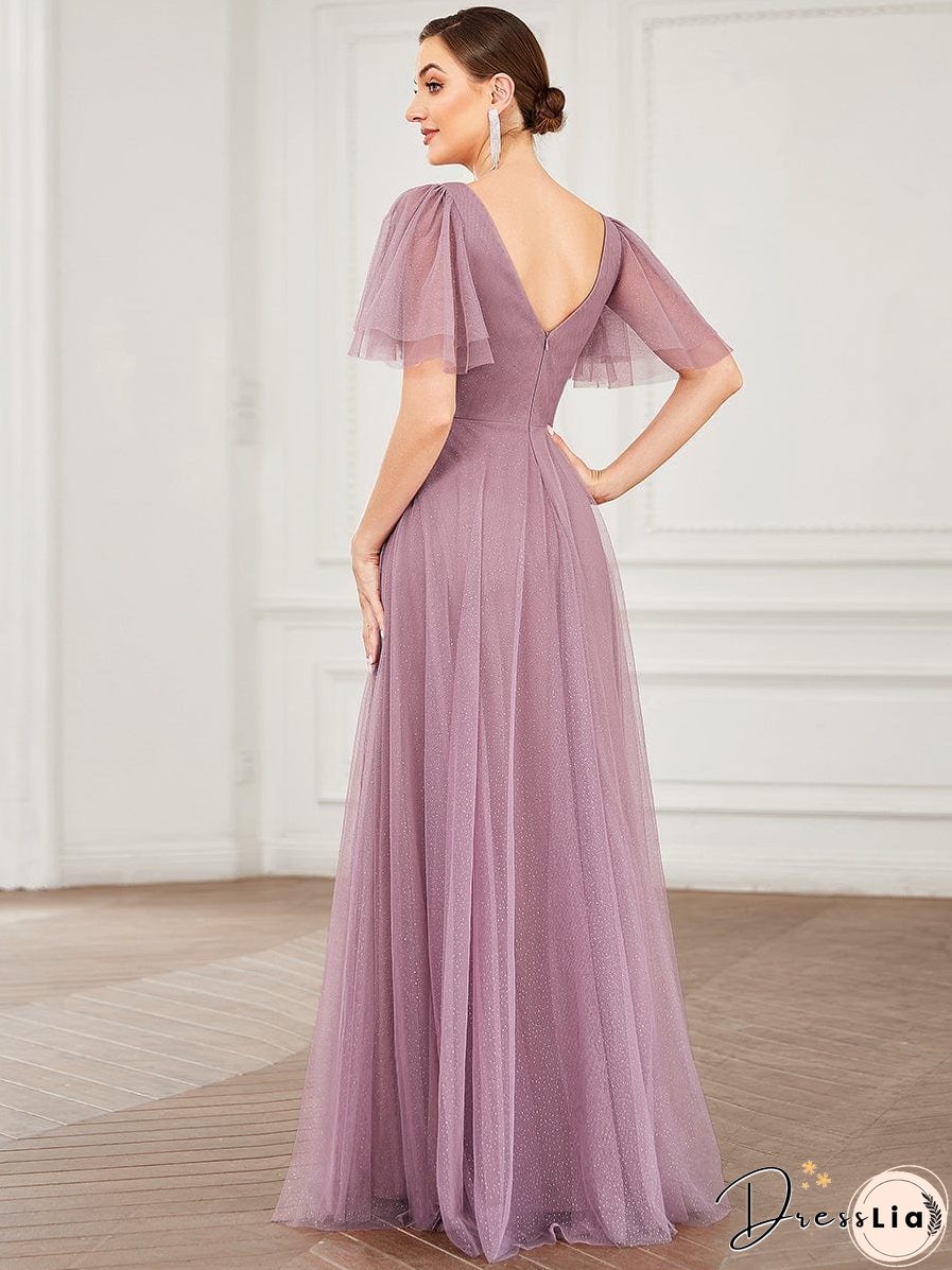 Elegant Golden Stamped Ruffle Sleeve Evening Gown