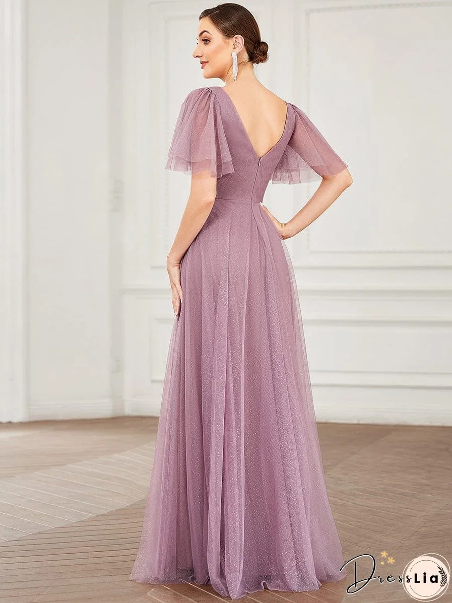 Elegant Golden Stamped Ruffle Sleeve Evening Gown