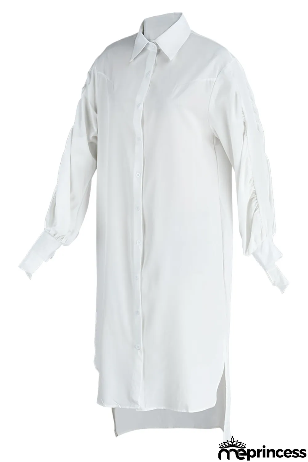 White Fashion Casual Solid Slit Turndown Collar Long Sleeve Shirt Dress