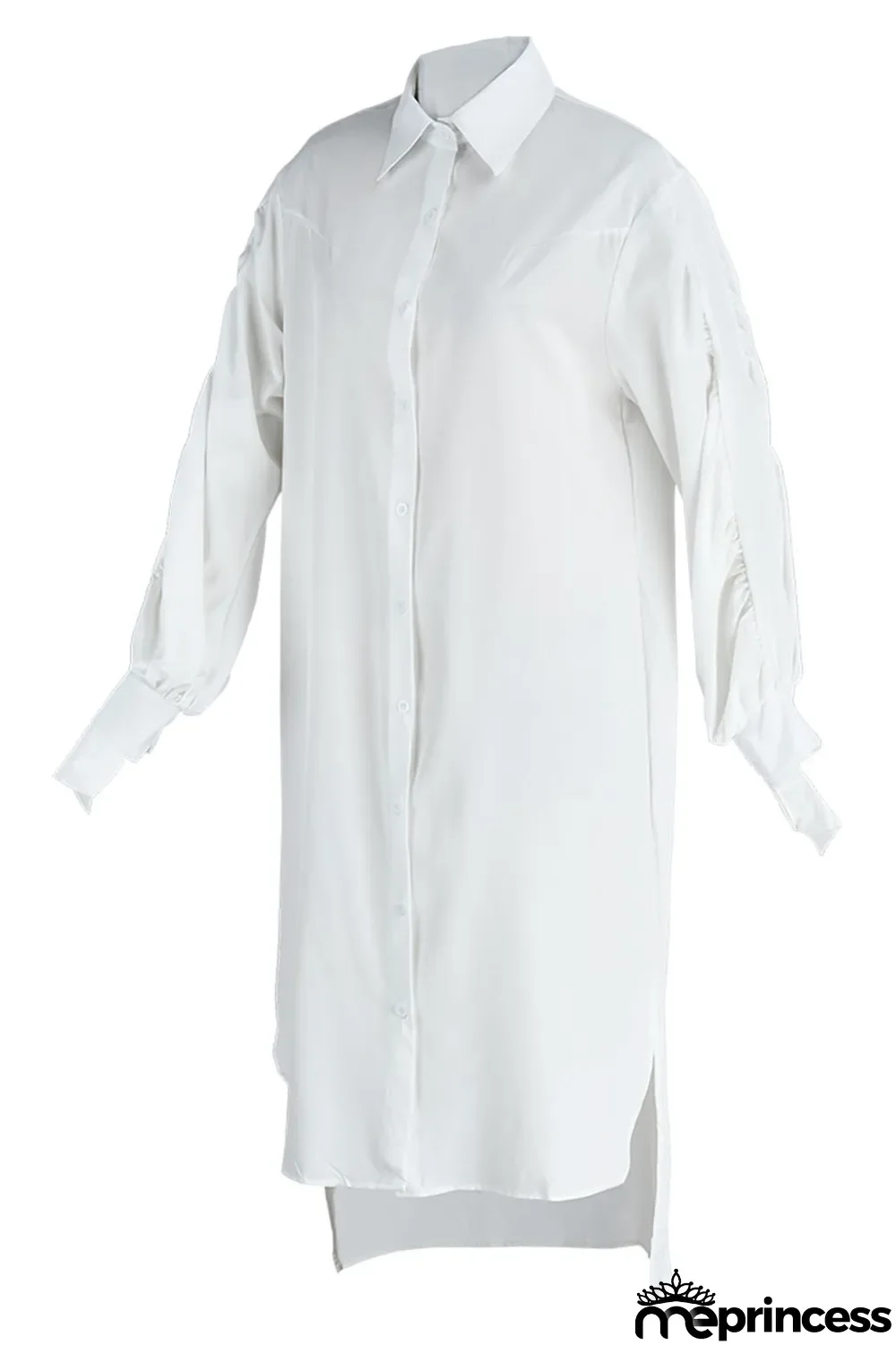 White Fashion Casual Solid Slit Turndown Collar Long Sleeve Shirt Dress