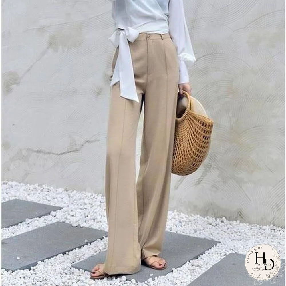 170-175cm Spring Summer Wide Leg Pants Women Elastic Waist Pants Elegant Office Ladies Khaki Trousers Plus Length Purple Gray