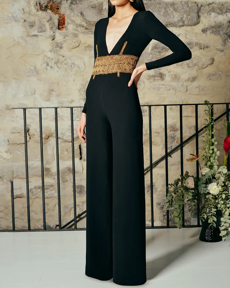Women's Black V Neck Embroidered Long Sleeve Jumpsuit