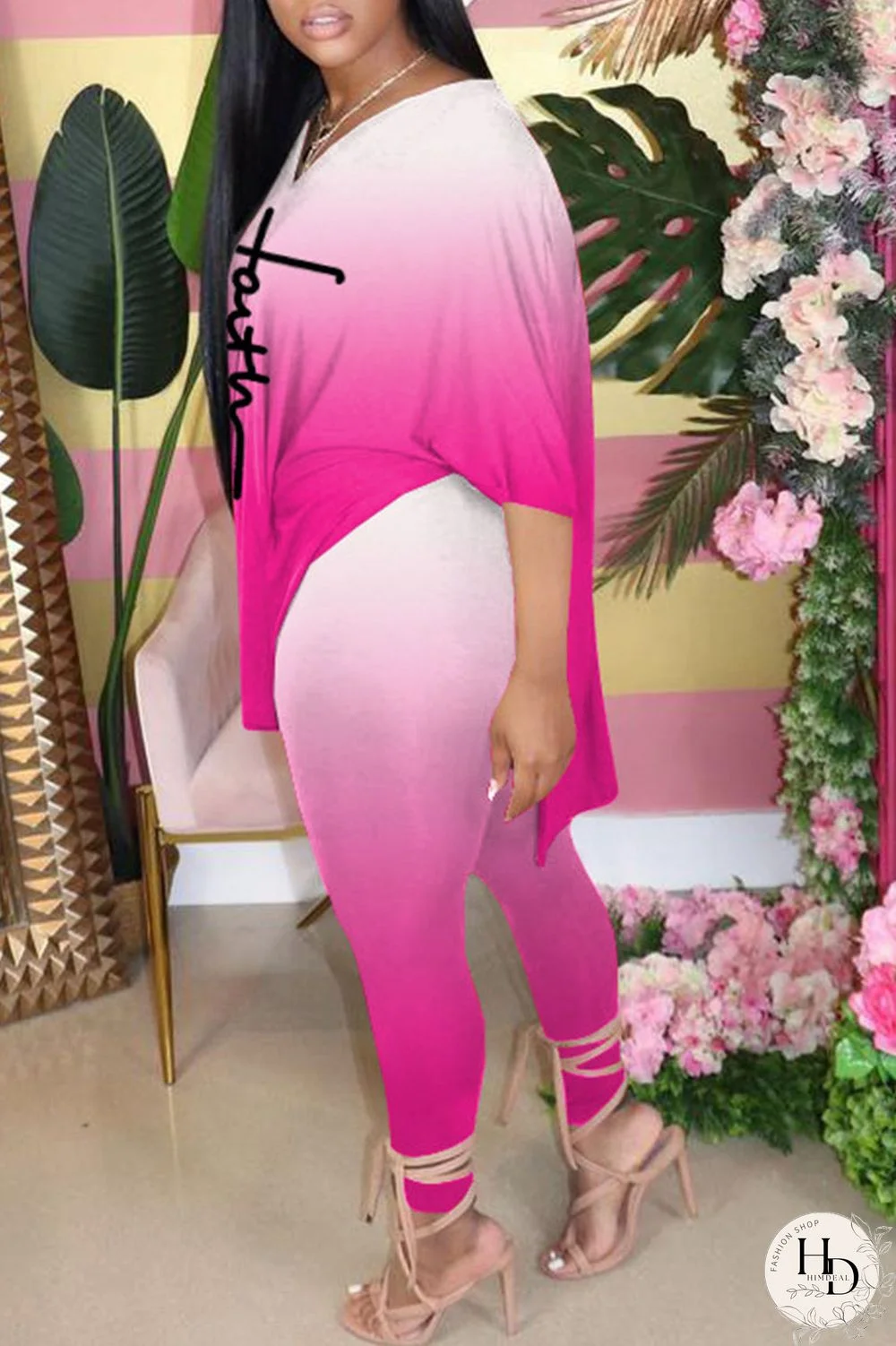 Blue Casual Gradual Change Print Patchwork Slit V Neck Half Sleeve Two Pieces