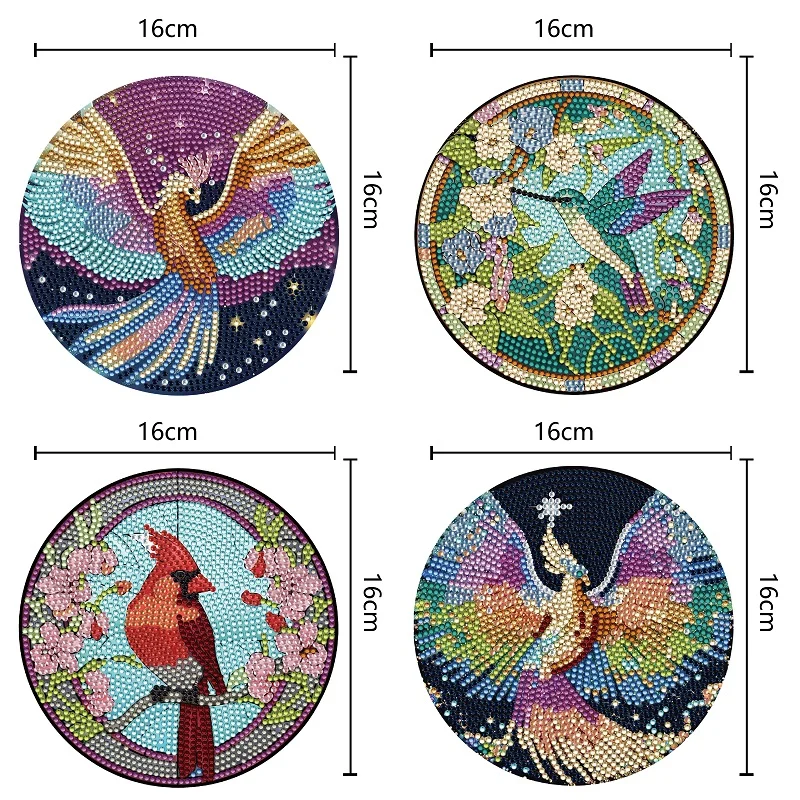 4pcs DIY Phoenix Hummingbird Wooden Diamond Painted Placemats for Dining Table Decor(16*16cm)