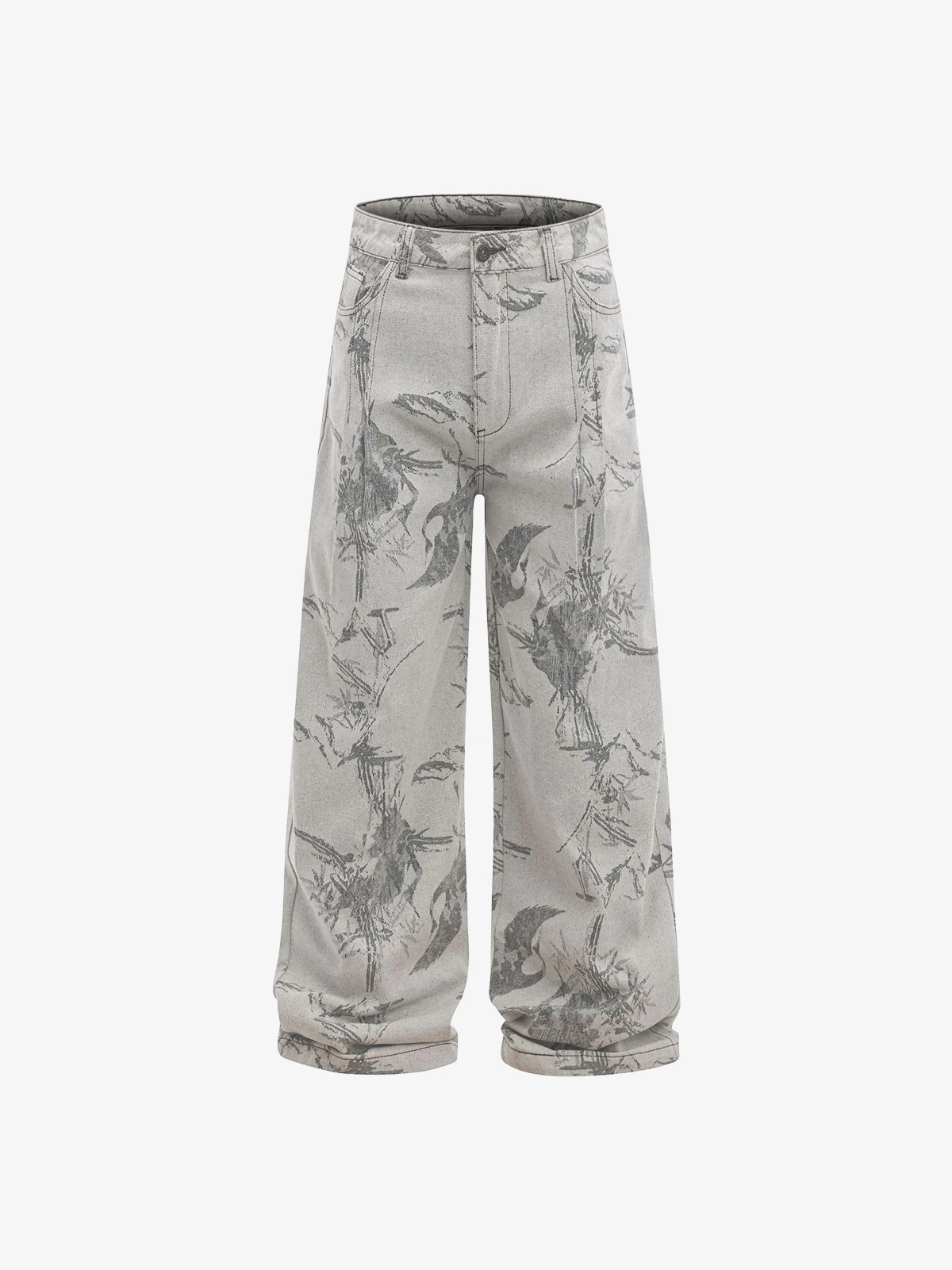 Light Grey Act Chic Ink Splatter Floral Bird Print Jeans Front