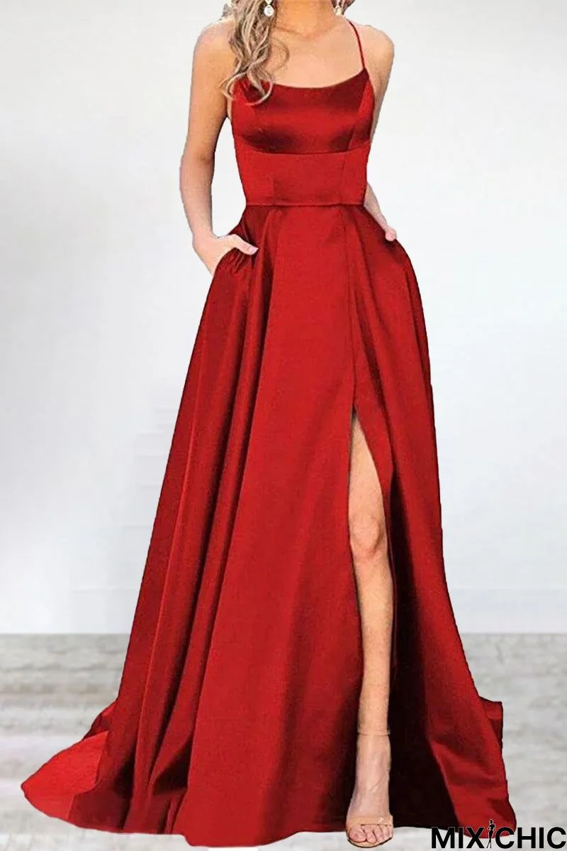 Sexy Formal Solid High Opening U Neck Evening Dress Dresses