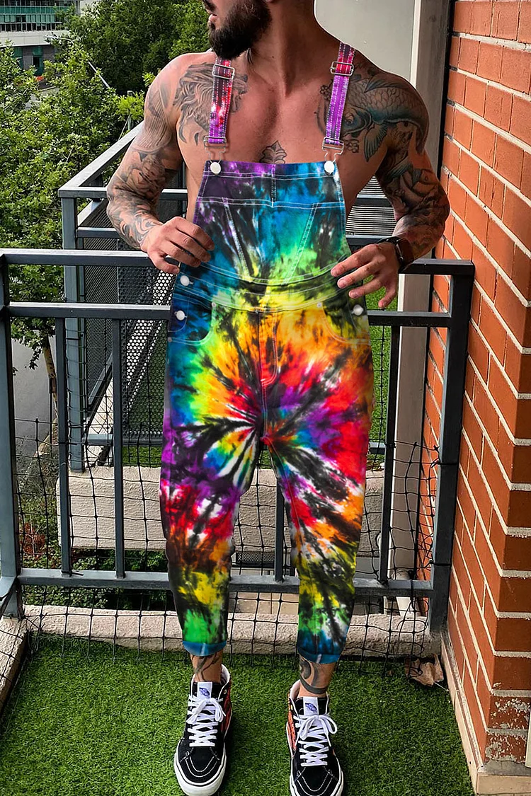 Ciciful Rainbow Tie Dye Print Festival Overalls Tapered Jumpsuit