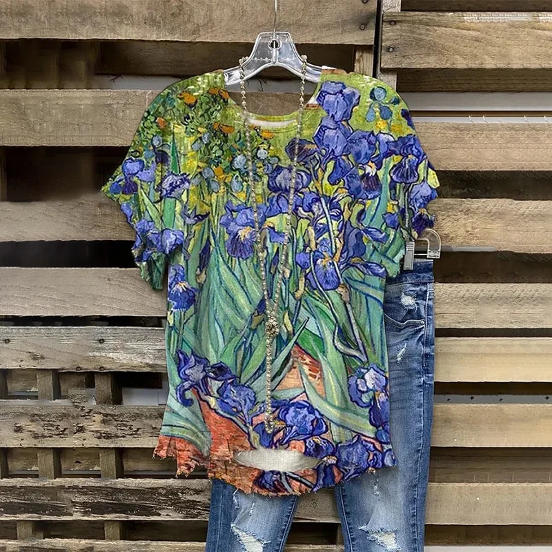 Oil Painting Irises Print Casual T-Shirt