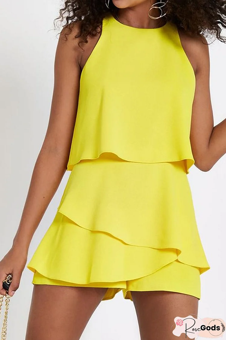 Chiffon Solid Color Flounced Sleeveless Casual Romper