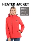 Women's heated jacket with battery pack, heated jacket with detachable hood, waterproof and windproof