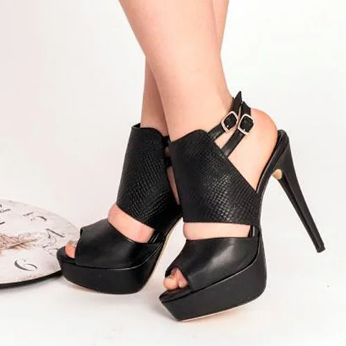 Black Peep Toe Slingback Ankle Buckle Stiletto Heel Shoes Vdcoo